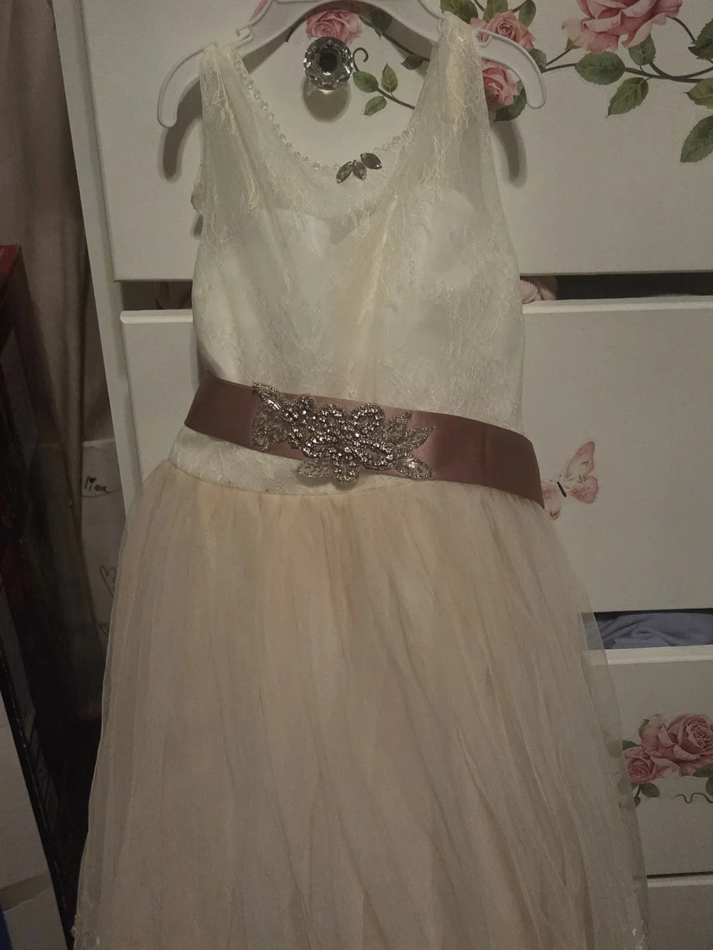 Ivory & Blush Tulle Flower Girl Dress with Rhinestone Sash